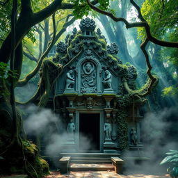 A mysterious ancient temple hidden deep within a dense, lush green forest, overgrown with vines and moss