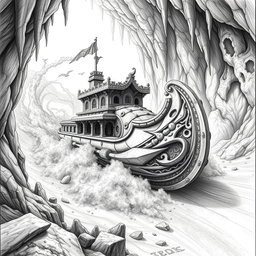 A stunning black and white drawing of an elegantly designed dwarven boat, crafted from solid rock
