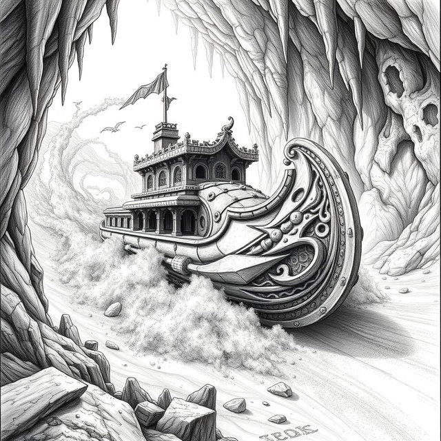 A stunning black and white drawing of an elegantly designed dwarven boat, crafted from solid rock