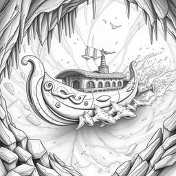 A stunning black and white drawing of an elegantly designed dwarven boat, crafted from solid rock
