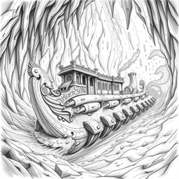 A stunning black and white drawing of an elegantly designed dwarven boat, crafted from solid rock
