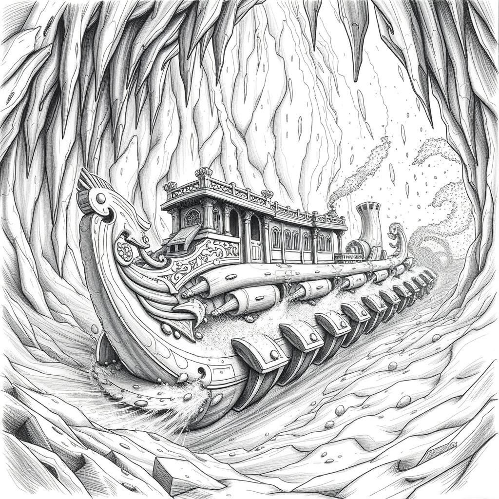 A stunning black and white drawing of an elegantly designed dwarven boat, crafted from solid rock