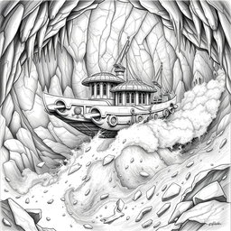 A stunning black and white drawing of an elegantly designed dwarven boat, crafted from solid rock