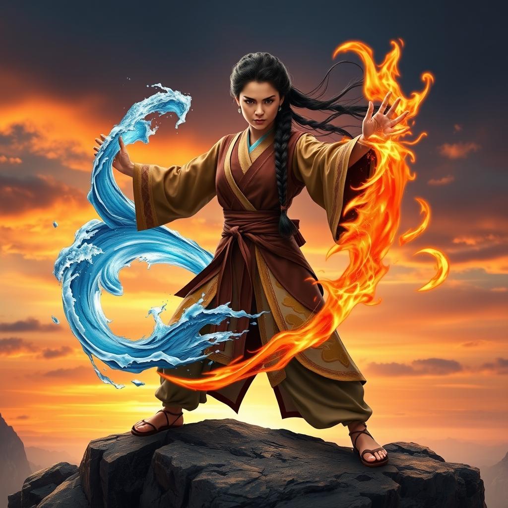 A powerful woman masterfully bending the elements in a style reminiscent of 'Avatar: The Legend of Korra'