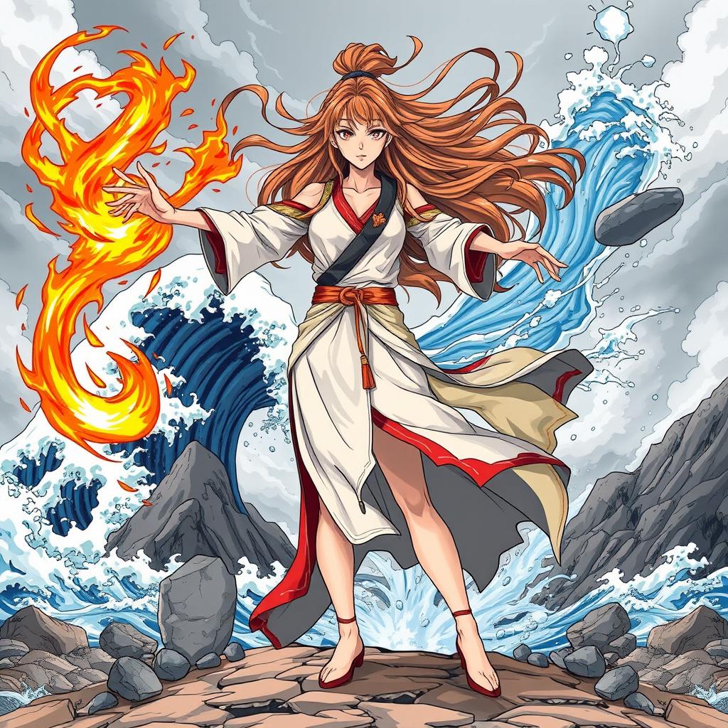 A dynamic manga-style illustration of a powerful woman bending the elements