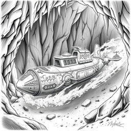 A striking black and white drawing of a carefully designed dwarven boat shaped like a sleek submarine, crafted entirely from rock