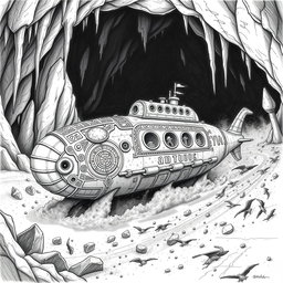 A striking black and white drawing of a carefully designed dwarven boat shaped like a sleek submarine, crafted entirely from rock
