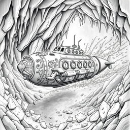 A striking black and white drawing of a carefully designed dwarven boat shaped like a sleek submarine, crafted entirely from rock