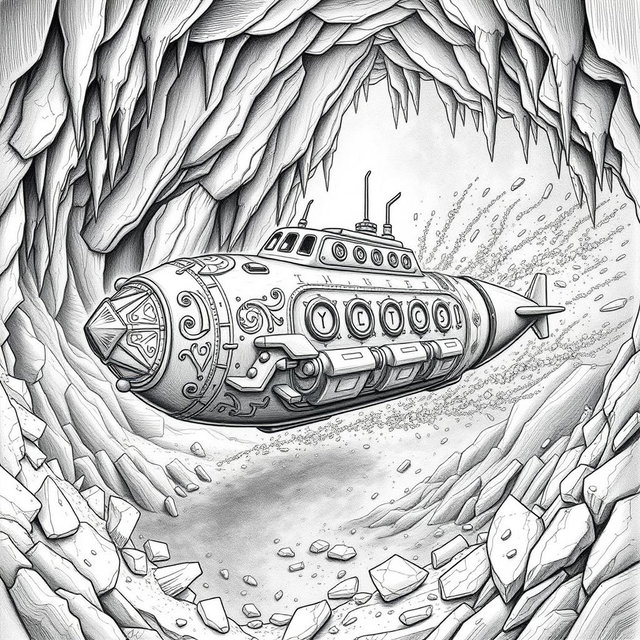 A striking black and white drawing of a carefully designed dwarven boat shaped like a sleek submarine, crafted entirely from rock