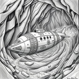 A striking black and white drawing of a carefully designed dwarven boat shaped like a sleek submarine, crafted entirely from rock