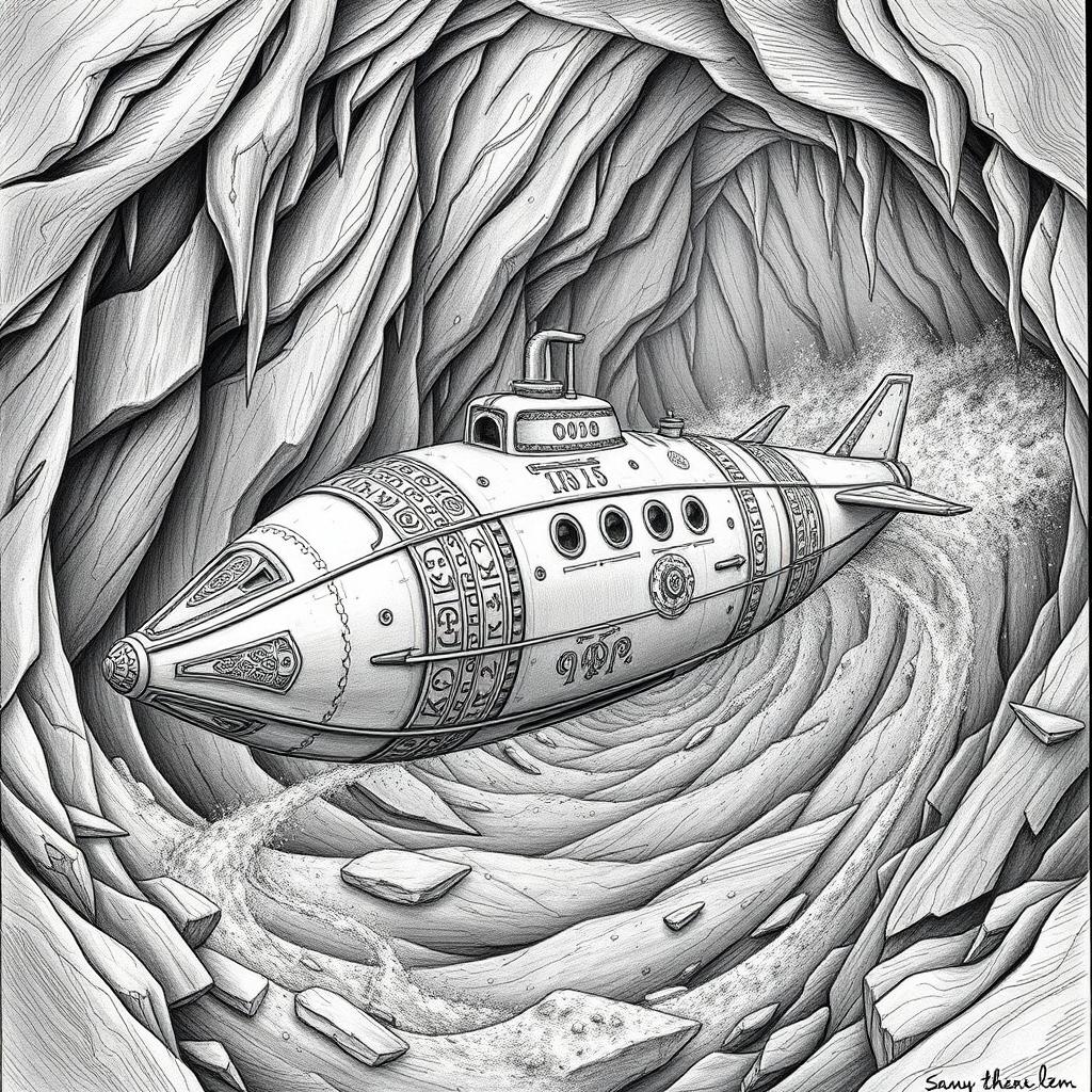 A striking black and white drawing of a carefully designed dwarven boat shaped like a sleek submarine, crafted entirely from rock