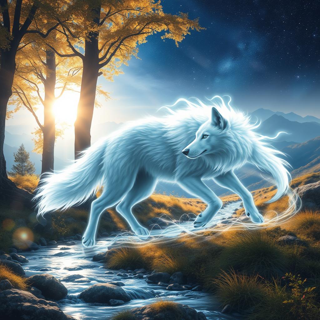 A majestic wolf spirit gracefully prowling through a mystical and spiritual landscape