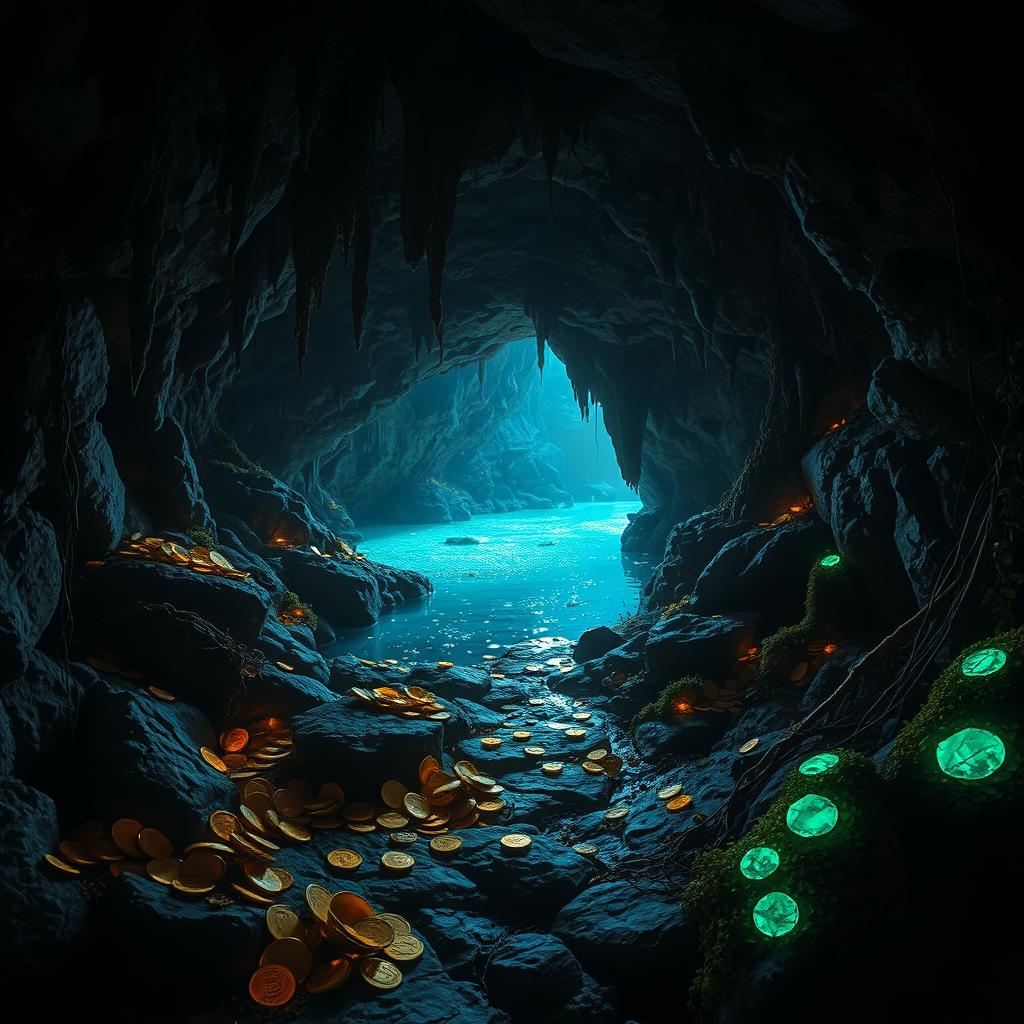 A dark, mysterious cave filled with hidden treasures, illuminated by the soft glow of luminescent crystals embedded in the stone walls