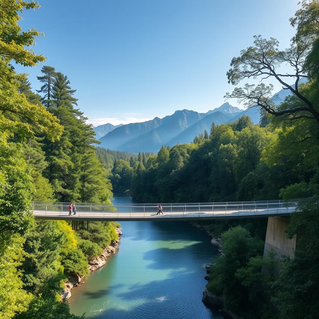 A breathtaking view of a suspended bridge with no pillars or cables, elegantly arching over a tranquil river surrounded by lush green forests