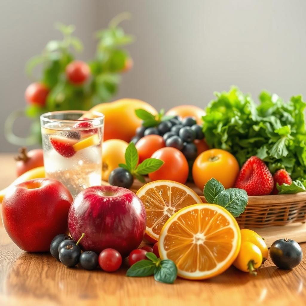A vibrant arrangement of fresh fruits and vegetables on a wooden table