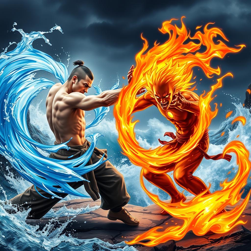 A dynamic and intense fighting scene between two powerful element benders