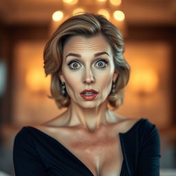 A stunning 50-year-old woman with a surprised expression, facing the camera directly in a sensual pose