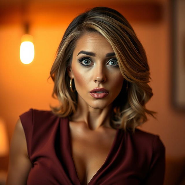 A stunning 50-year-old woman with a surprised expression, facing the camera directly in a sensual pose