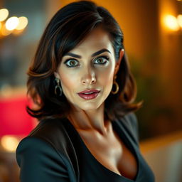 A gorgeous 50-year-old woman with a look of surprise, directly facing the camera in a sensual pose