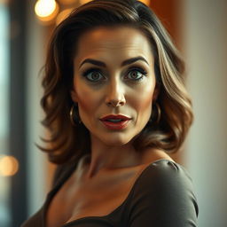 A gorgeous 50-year-old woman with a look of surprise, directly facing the camera in a sensual pose