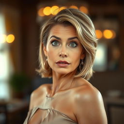 A gorgeous 50-year-old woman with a look of surprise, directly facing the camera in a sensual pose