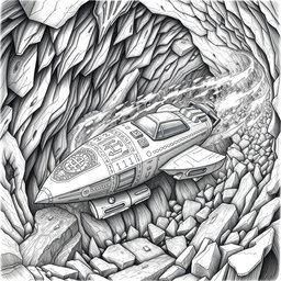 A captivating black and white drawing of a meticulously designed dwarven boat, shaped like a sleek rocket and crafted entirely from solid rock