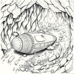 A captivating black and white drawing of a meticulously designed dwarven boat, shaped like a sleek rocket and crafted entirely from solid rock