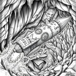 A captivating black and white drawing of a meticulously designed dwarven boat, shaped like a sleek rocket and crafted entirely from solid rock