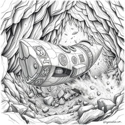 A captivating black and white drawing of a meticulously designed dwarven boat, shaped like a sleek rocket and crafted entirely from solid rock