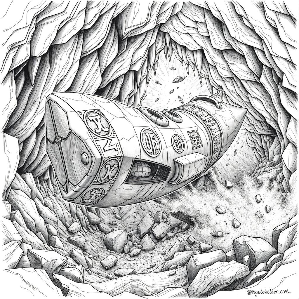 A captivating black and white drawing of a meticulously designed dwarven boat, shaped like a sleek rocket and crafted entirely from solid rock