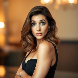 A beautiful 50-year-old woman with a surprised expression, facing the camera directly in a sensual pose