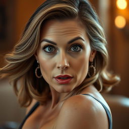 A beautiful 50-year-old woman with a surprised expression, facing the camera directly in a sensual pose