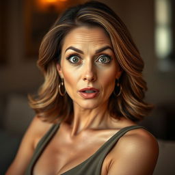 A beautiful 50-year-old woman with a surprised expression, facing the camera directly in a sensual pose