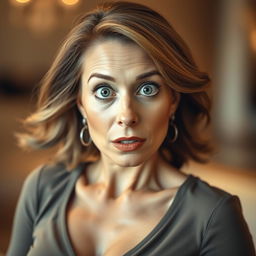 A beautiful 50-year-old woman with a surprised expression, facing the camera directly in a sensual pose