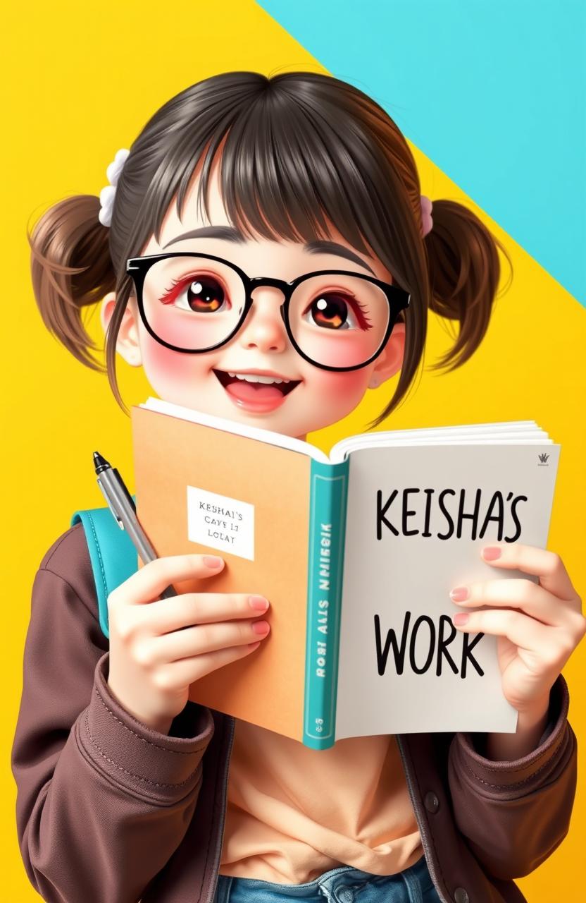 A cute young girl with glasses, looking around 14 years old, holding a book in her left hand and a pen in her right hand