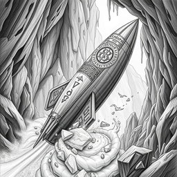 A beautifully rendered black and white drawing of a finely designed dwarven boat, shaped like a slender rocket and made entirely from solid rock