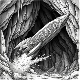 A beautifully rendered black and white drawing of a finely designed dwarven boat, shaped like a slender rocket and made entirely from solid rock