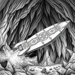 A beautifully rendered black and white drawing of a finely designed dwarven boat, shaped like a slender rocket and made entirely from solid rock