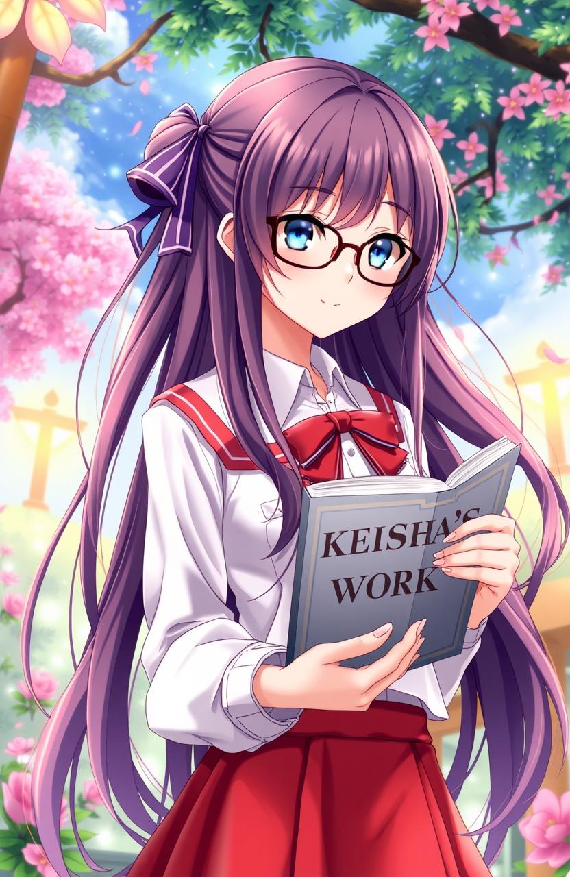 A tall and beautiful anime girl with long flowing hair, wearing stylish glasses, holding a book