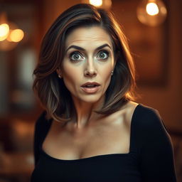 A beautiful 50-year-old woman with an expression of surprise, looking directly at the camera in a sensual pose