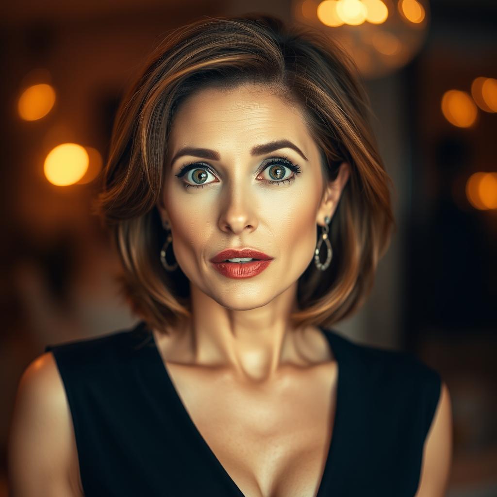 A beautiful 50-year-old woman with an expression of surprise, looking directly at the camera in a sensual pose