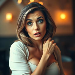 A beautiful 50-year-old woman with an expression of surprise, looking directly at the camera in a sensual pose