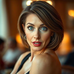 A beautiful 50-year-old woman with an expression of surprise, looking directly at the camera in a sensual pose
