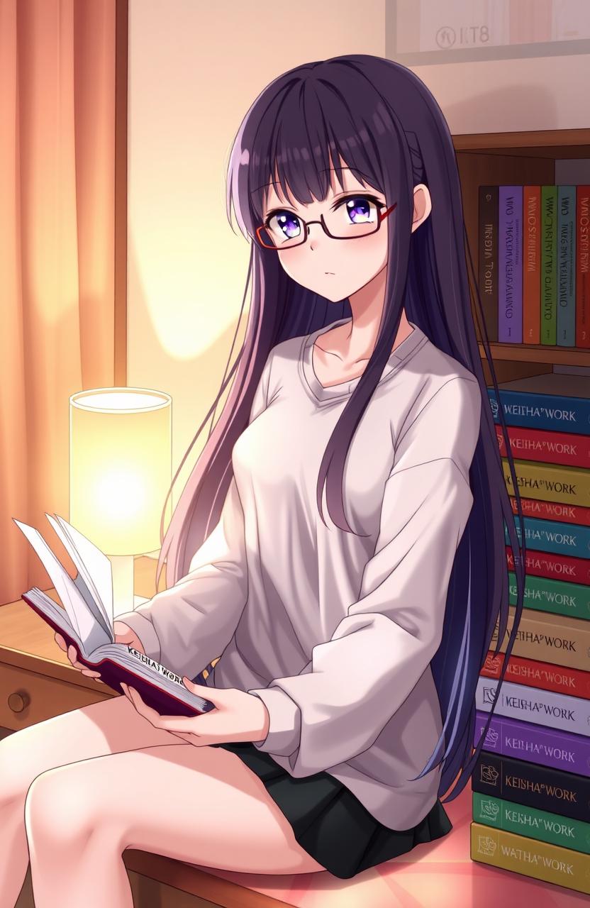 A tall and beautiful anime girl with long hair, wearing glasses, sitting in her room