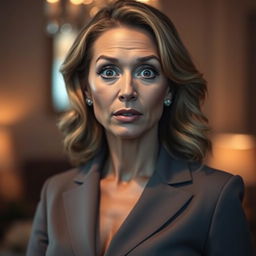 A stunning 50-year-old woman with an expression of surprise, facing the camera directly in a sensual pose