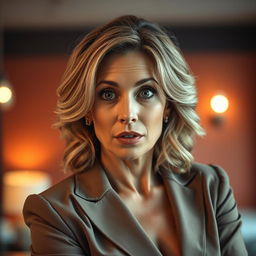 A stunning 50-year-old woman with an expression of surprise, facing the camera directly in a sensual pose