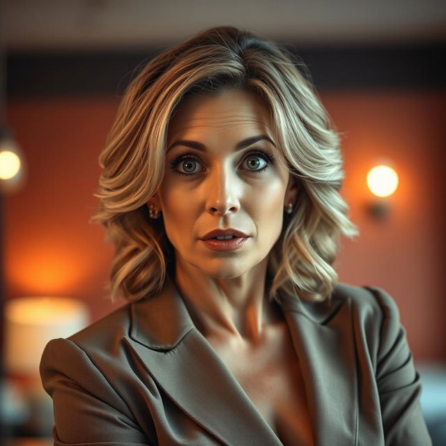 A stunning 50-year-old woman with an expression of surprise, facing the camera directly in a sensual pose