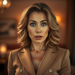 A stunning 50-year-old woman with an expression of surprise, facing the camera directly in a sensual pose