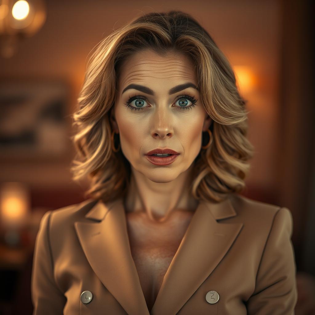A stunning 50-year-old woman with an expression of surprise, facing the camera directly in a sensual pose