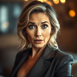 A stunning 50-year-old woman with an expression of surprise, facing the camera directly in a sensual pose